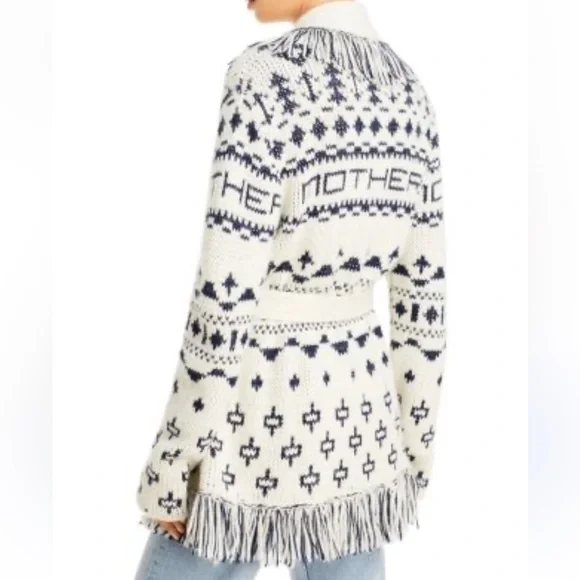 MOTHER Belted Short Cardigan Alpaca Blend Fringe Ivory Navy Blue S NWOT - Picture 4 of 11
